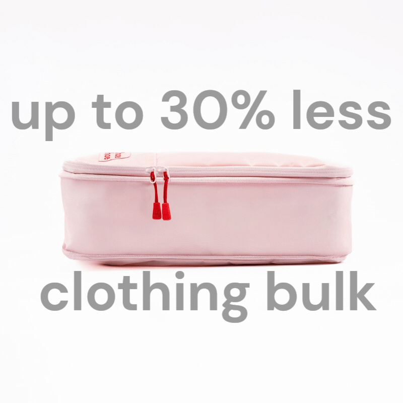 Blossom packing cube shown before and after the compression zip is closed, reducing clothing bulk