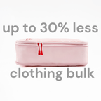 Blossom packing cube shown before and after the compression zip is closed, reducing clothing bulk